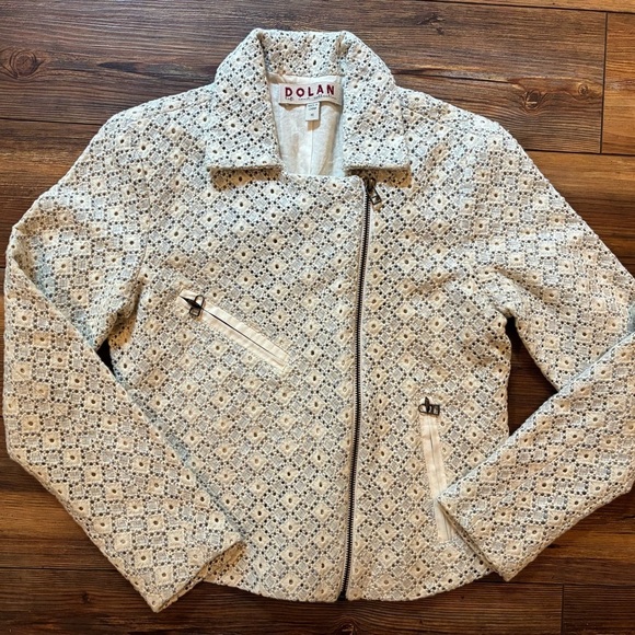 DOLAN Left Coast Collection Crochet Lace Moto Jacket XS Ivory & Blue Boho Chic - Picture 2 of 15